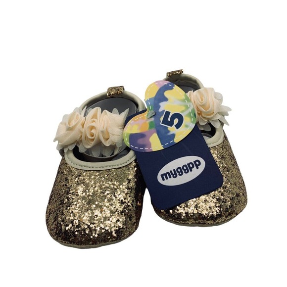 Myggpp Baby Girls Mary Jane Flats Ballet Princess Shoes Gold Glittered 12-15 Mth - Picture 1 of 5